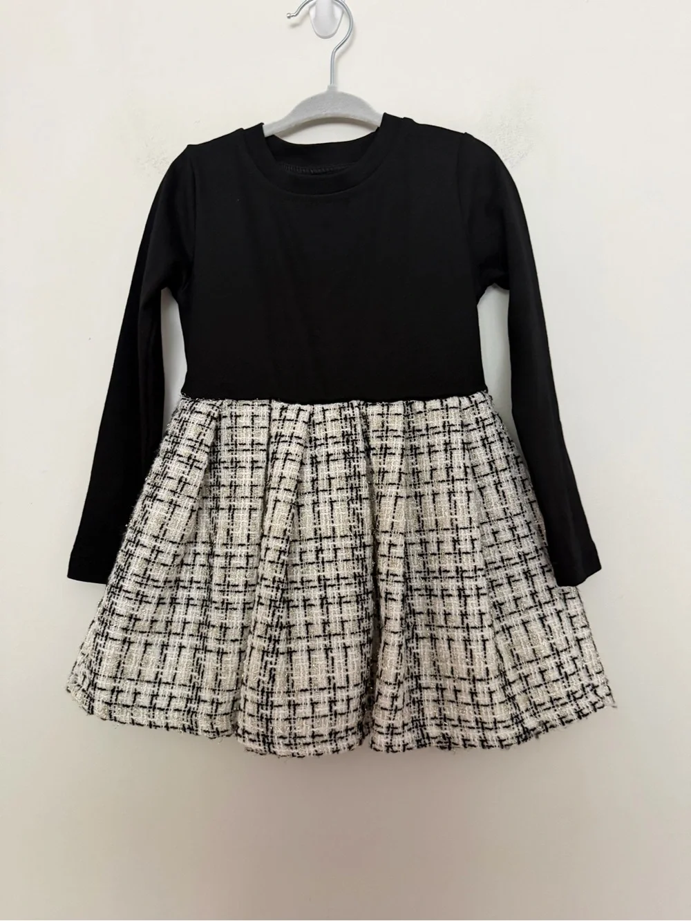 Girls Black & Ivory Tweed Dress | Long Sleeve Party Dress